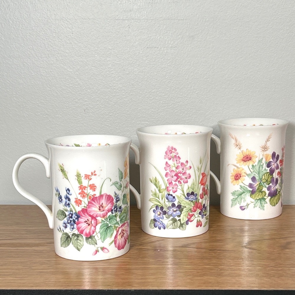 Crown Trent Fine Bone China Wildflower Mugs Cups England Floral County THREE Vtg